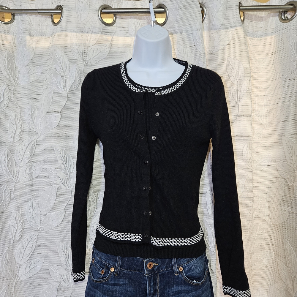 White House Black Market Black Cardigan with White Accents And Matching Shirt